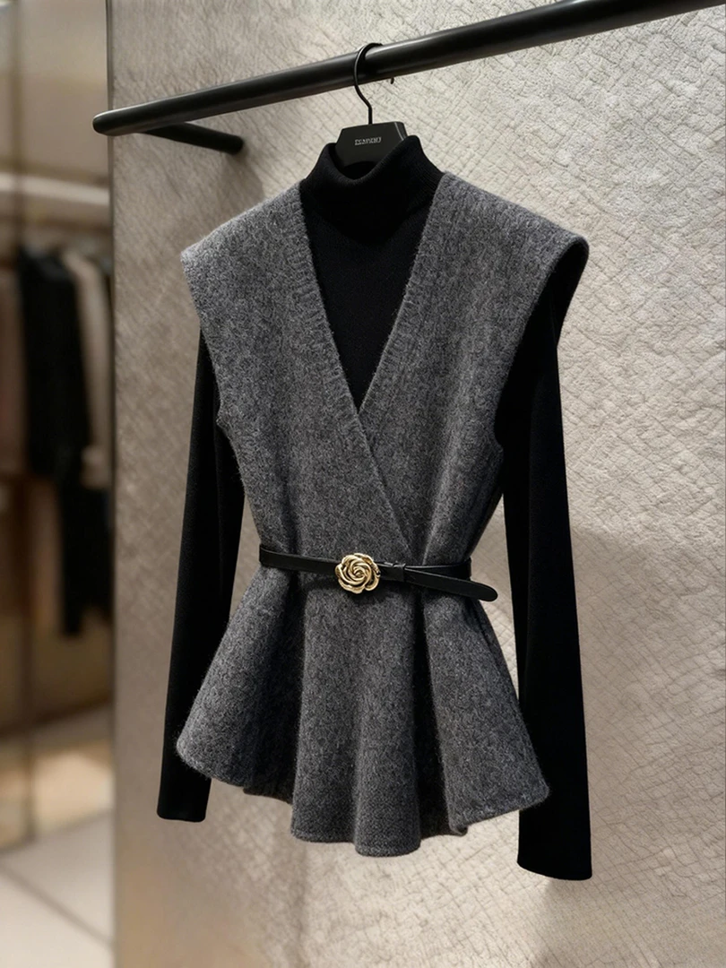 外穿洋气时髦马夹女冬季独特套装高端保暖黑色毛衣背心马甲两件套