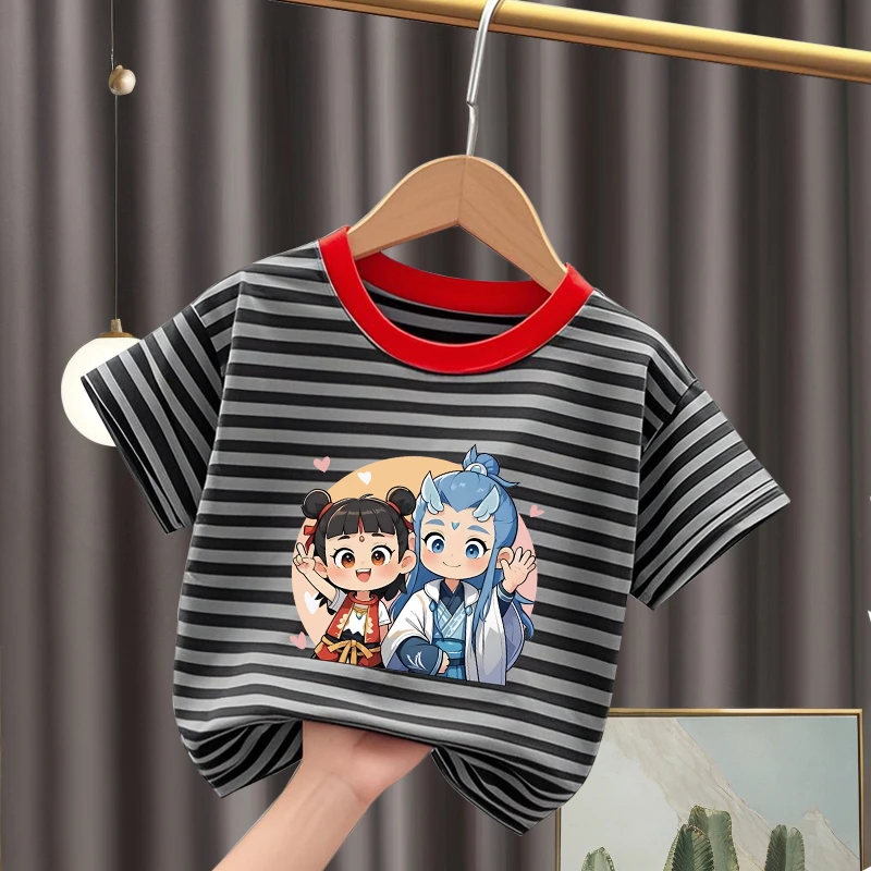 男女童卡通哪吒儿童短袖纯棉条纹t恤夏季新款国潮痞帅打底衫夏装