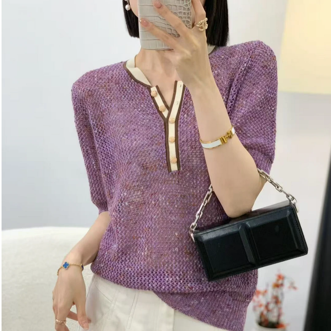 【例畔精选】2025韩版气质时尚圆领花纱镂空高级百搭针织衫A692#