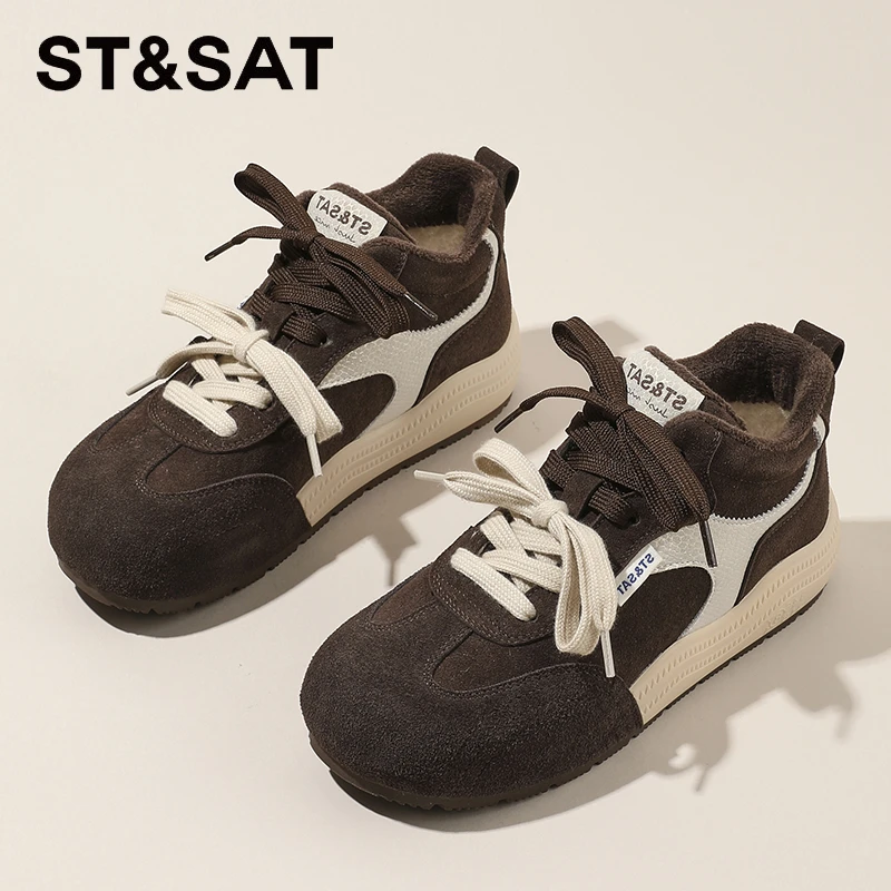 星期六真皮厚底德训鞋女鞋2025新款冬季加绒运动板鞋复古休闲女鞋