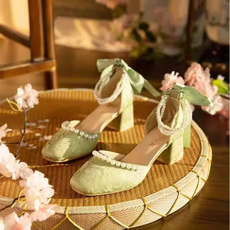 夏季单鞋女方头粗跟复古珍珠蝴蝶结中国风旗袍鞋时尚玛丽珍鞋凉鞋