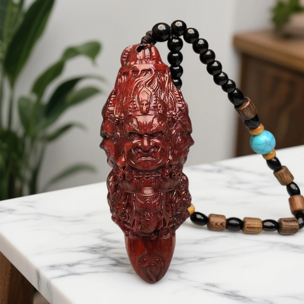 紫檀木雕刻大黑天金刚降魔杵手把件汽车挂件文玩随身盘玩