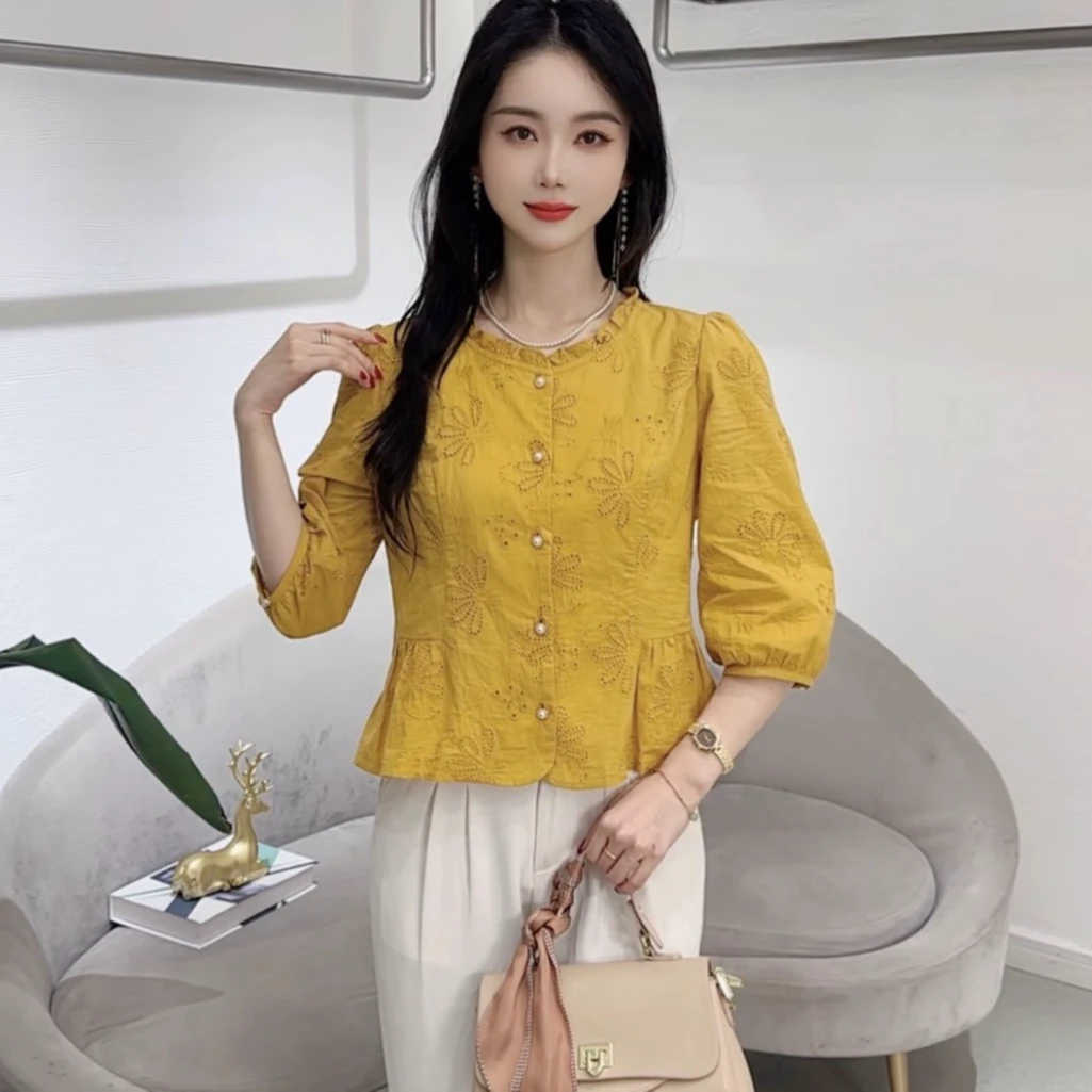 拉夏贝尔时尚衬衫女秋季新款洋气显瘦减龄设计感百搭七分袖上衣