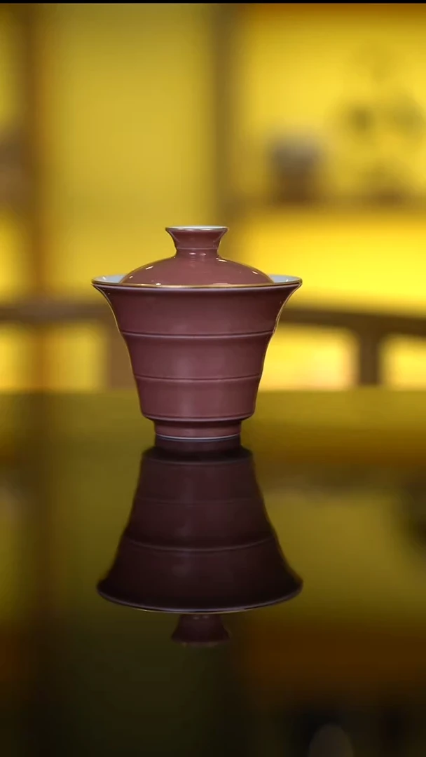 杯二亭焰-豇豆红竹节盖碗