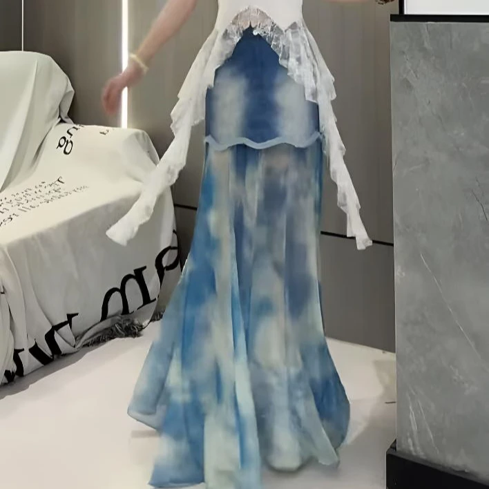 安琪定制-[N621]夏季新款设计感西装拼接晕染设计显瘦半身裙长裙