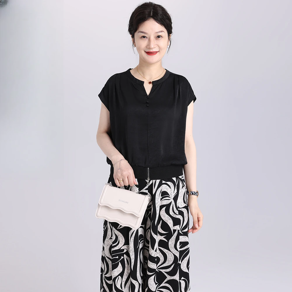 妈妈装气质洋气时尚短袖宽松显瘦女士减龄休闲透气轻奢两件套装