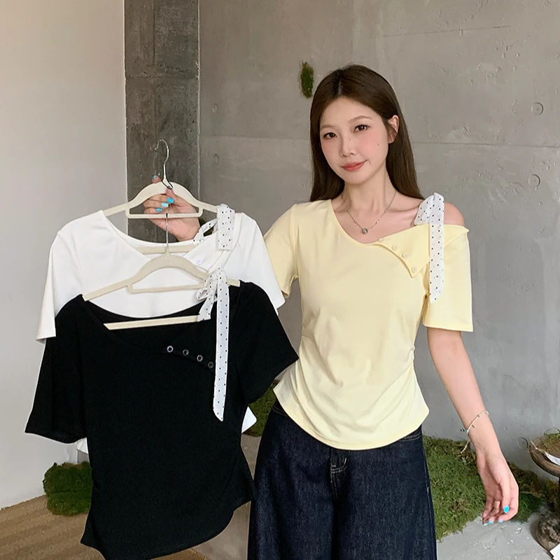 2025夏装新款胖mm大码女设计感蝴蝶结系带露肩弧形短袖T恤A1384