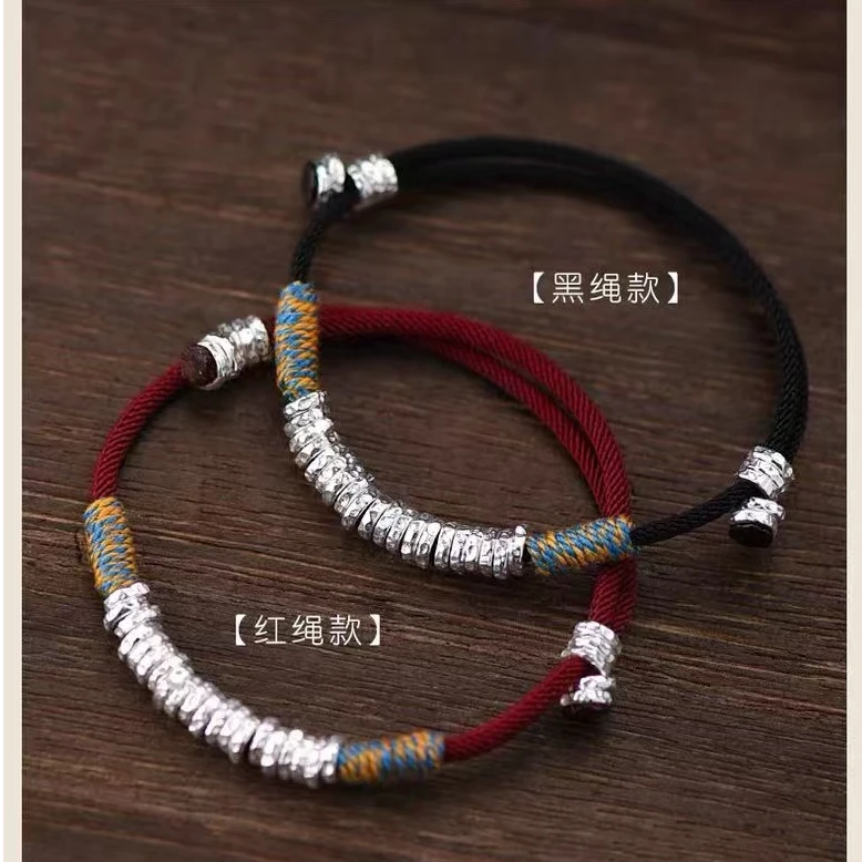 足银手镯 盘缠手绳红绳编绳纯手工黑绳手编彩绳民族风五彩手链
