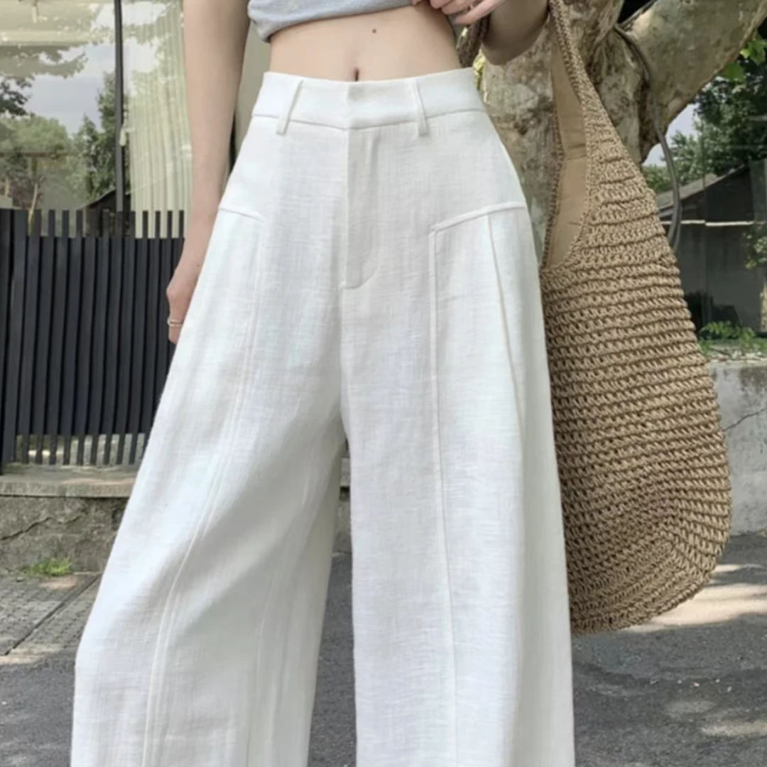 白色苎麻阔腿女2025夏薄款高腰垂感西装亚 麻休闲