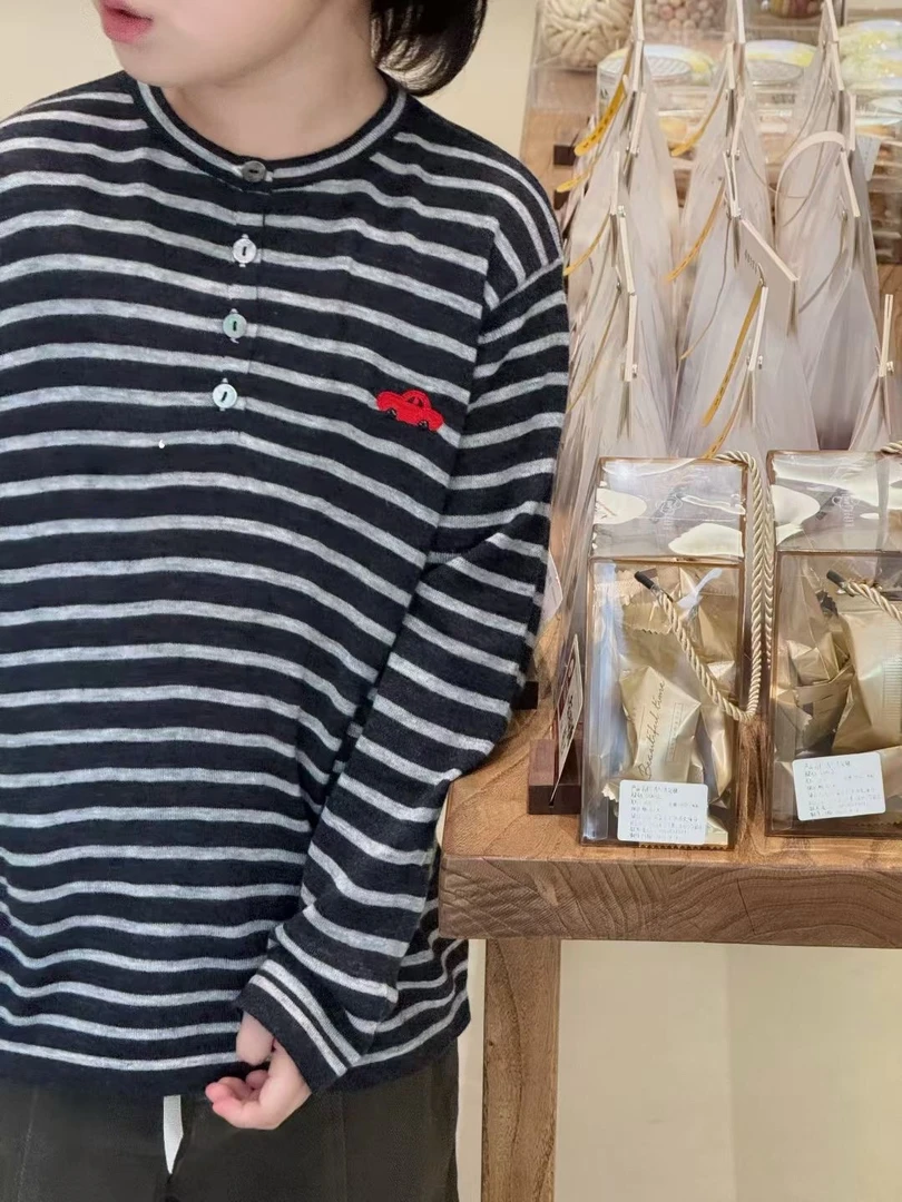 莱比天丝羊绒套头男女孩慵懒风条纹针织衫