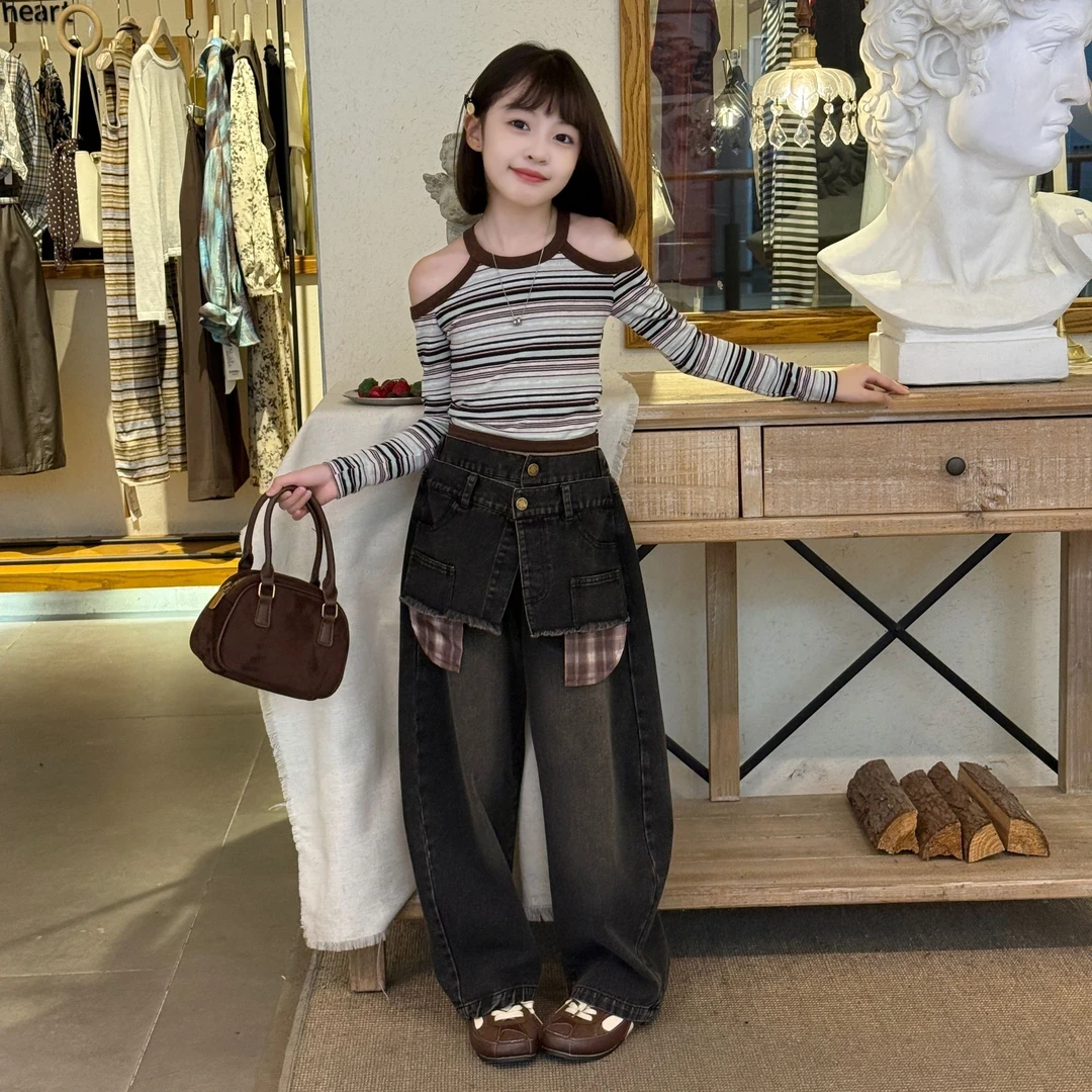 美式复古琥珀流光撞色t恤双腰头牛仔裤2025女童春秋弯刀阔腿裤潮