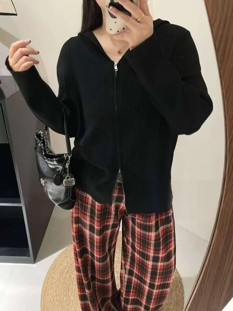 21921连帽纯色针织衫衫毛针织衫舒适显瘦帽衫开衫女长袖