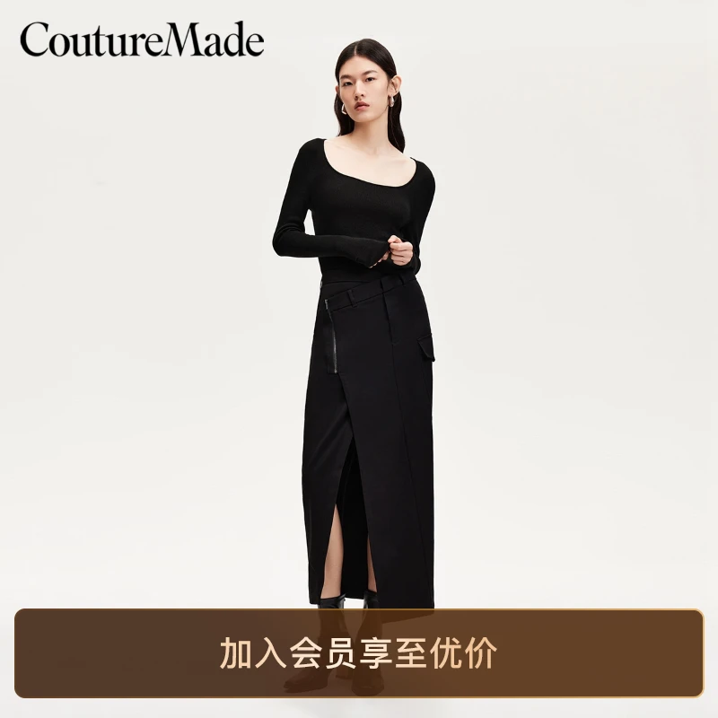 Vero Moda半身裙女早秋新款拉链斜门襟直筒长裙百搭洋气气质裙子