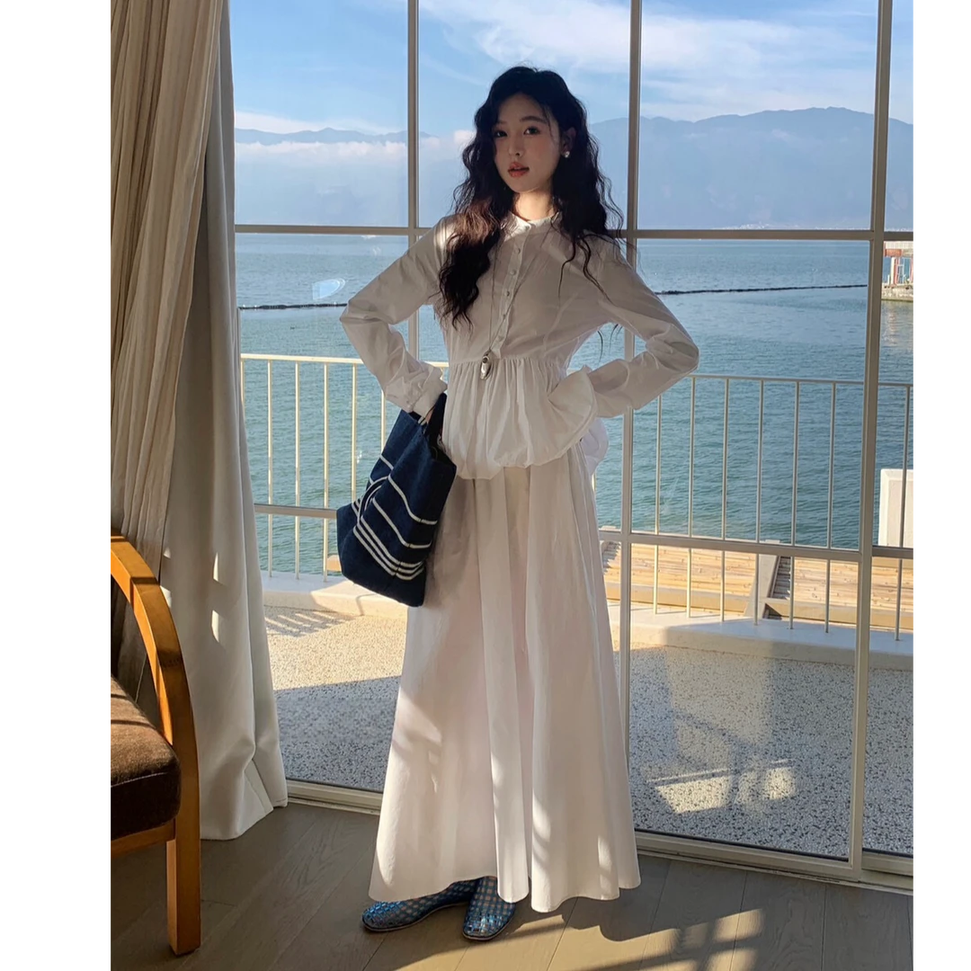 简约风高级感套装花苞长袖衬衫女装秋季2025松紧腰气质长裙两件套