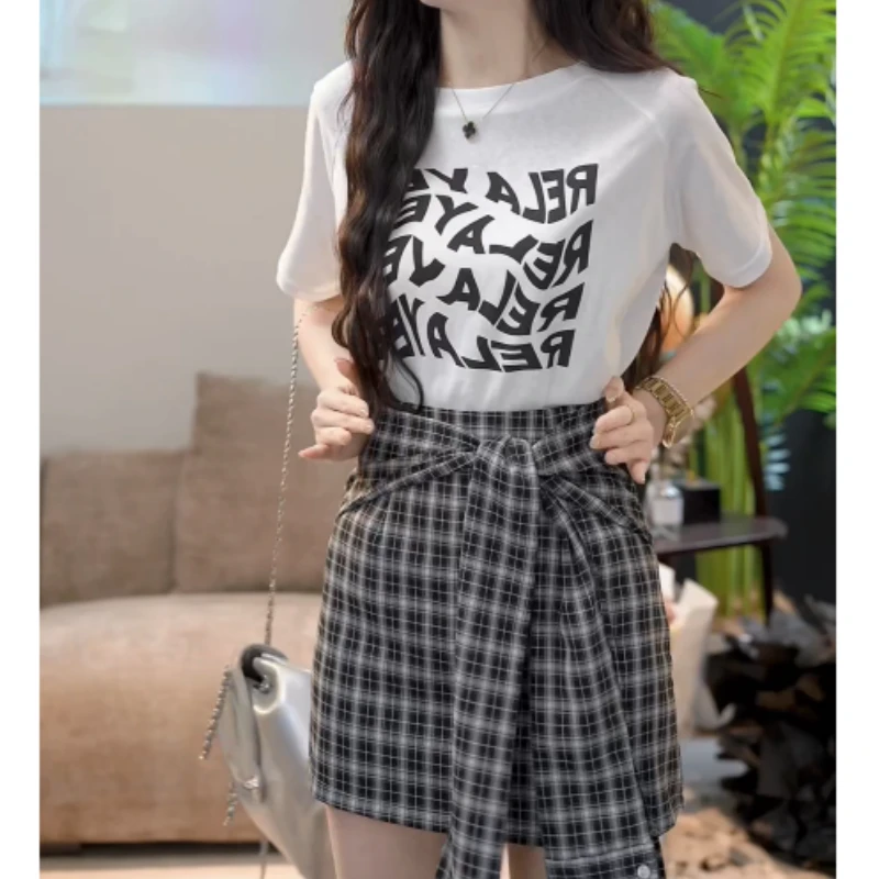 【月华浮梦】2025夏季新款字母T恤+格子半身裙两件套LK2502721