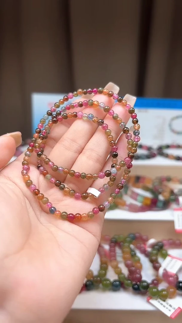 手链未镶嵌碧玺3.9mm巴西老料高透玻璃体艳丽糖果色三圈手链