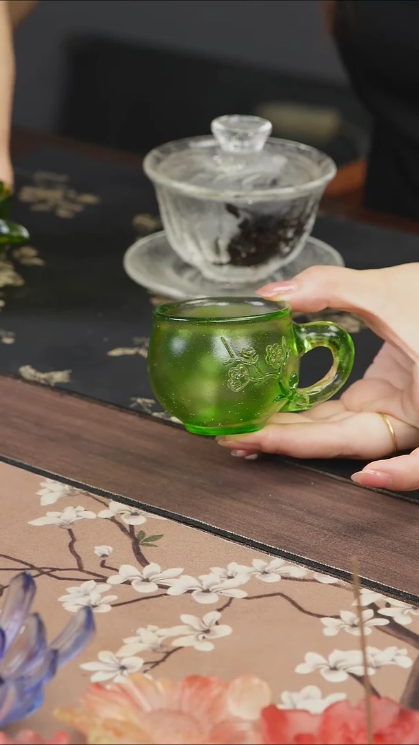 手工艺品琉璃配***郇绿色梅花侧把主人杯