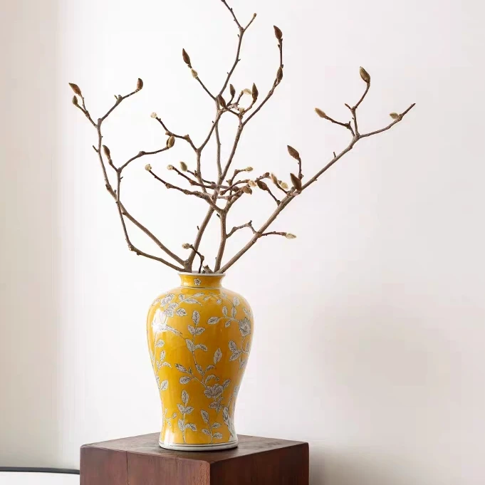 【本尼家】AY25陶瓷桌面摆件13寸梅瓶 （黄底赤树花）
