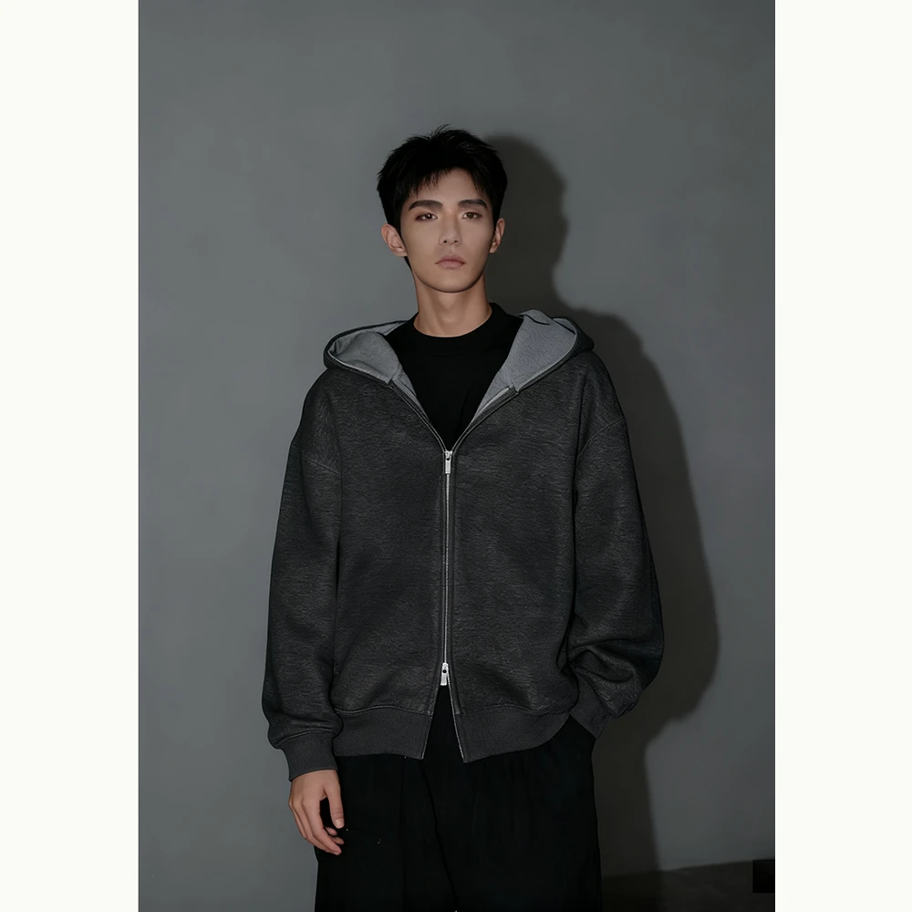 2025秋季新款撞色拼接连帽开衫卫衣男款韩版高级感时尚外套上衣服