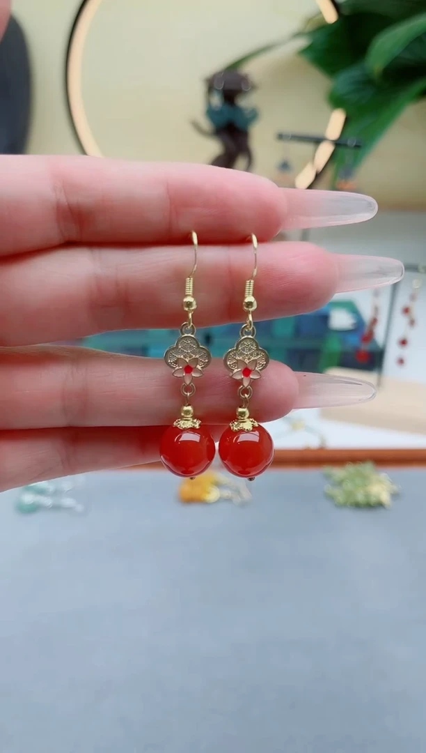 银S925镶嵌耳饰玛瑙/玉髓00红色国风