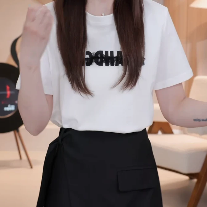 2025夏季新款拼接蕾丝字母短袖T恤宽松休闲圆领白色短袖上衣