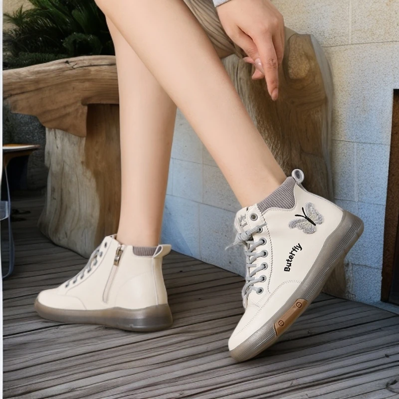 花语履短靴2025新款春秋单靴百搭小白鞋马丁靴子真皮软底高帮女鞋