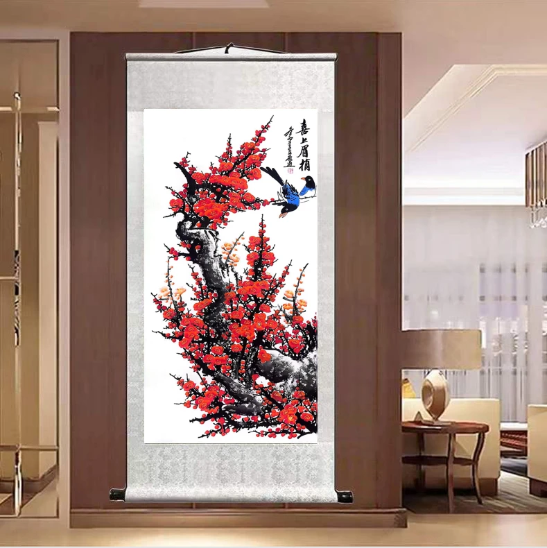 四尺《喜上眉梢》尺寸1.75米X0.8米卷轴装裱装饰字画书房玄关装饰画