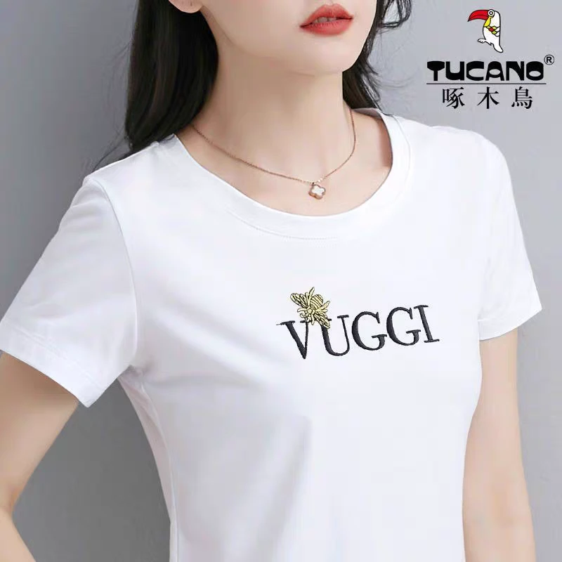 啄木鸟正品高端纯棉短袖t恤女装2025新款潮夏季爆款显瘦正肩上衣
