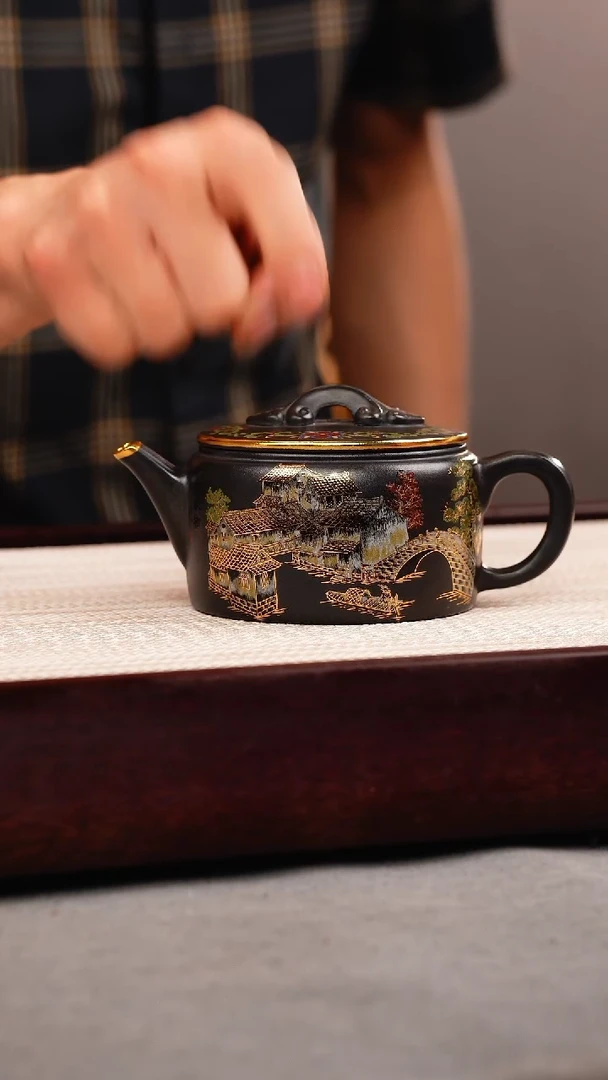 茶壶紫砂石黄 汉瓦 忆江南珐琅彩