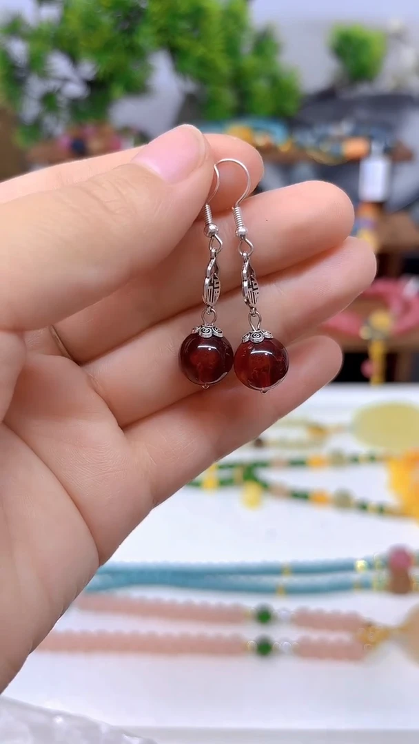 银S925镶嵌血珀耳饰DIY款E576