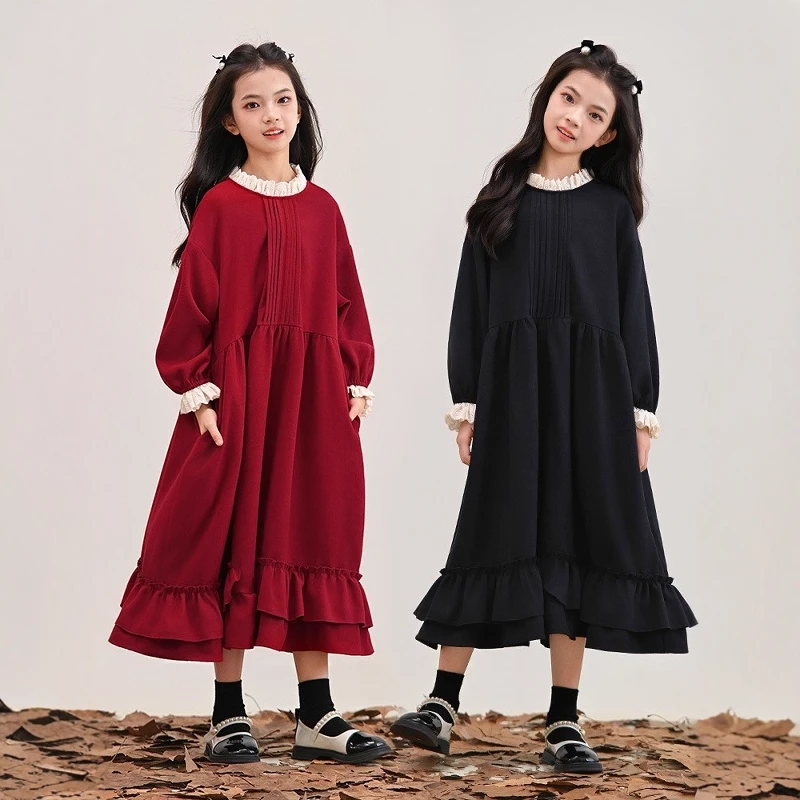 女童连衣裙森女甜美清新长袖荷叶边宽松大码中大儿童花边领长裙子