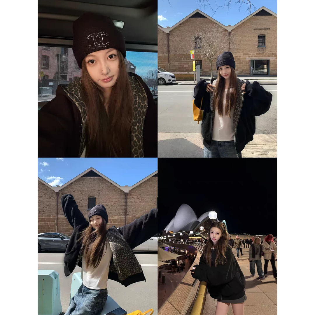 黑色豹纹连帽颗粒绒卫衣外套女秋冬宽松慵懒风上衣Z 9572#