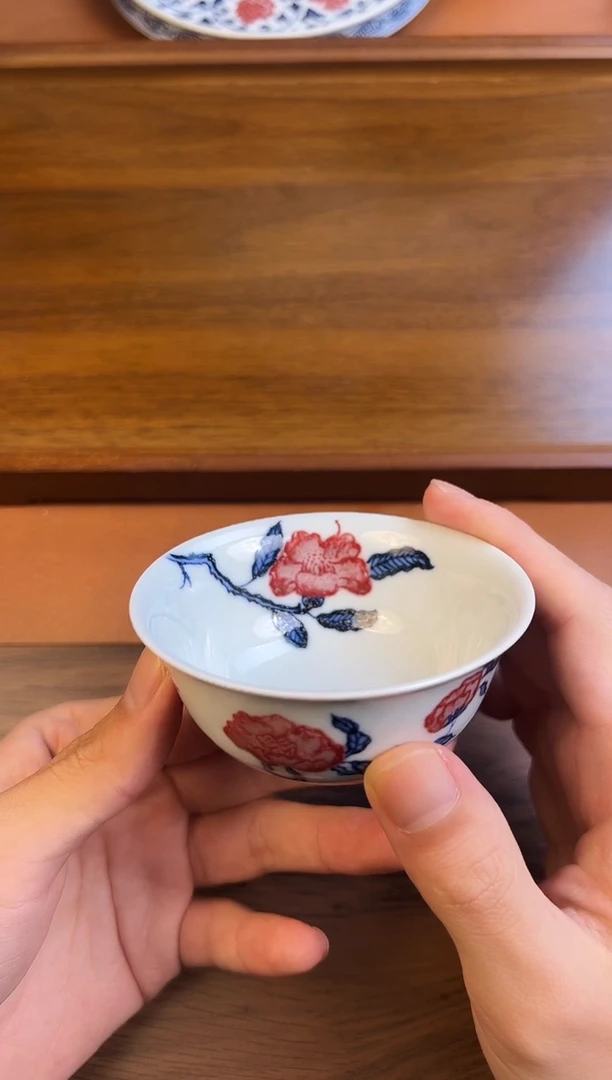 青*问青坊柴窑青花釉里红主人杯