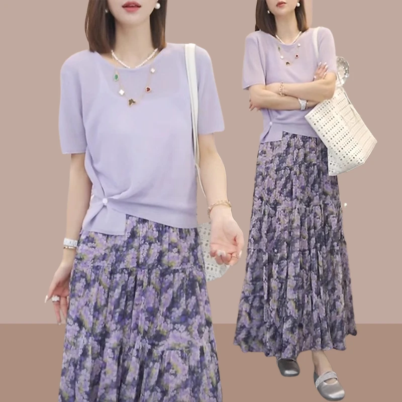 法式慵懒风流行时尚套装女2025夏季新款针织上衣碎花半身裙两件套