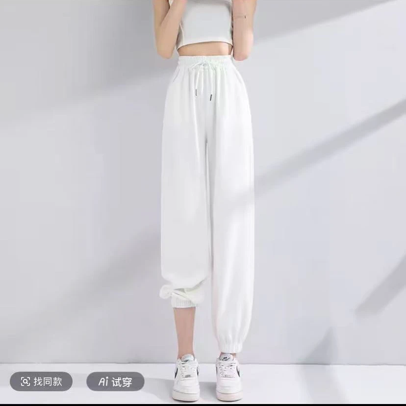 A夏季时尚高腰白色束脚女士卫裤7955#