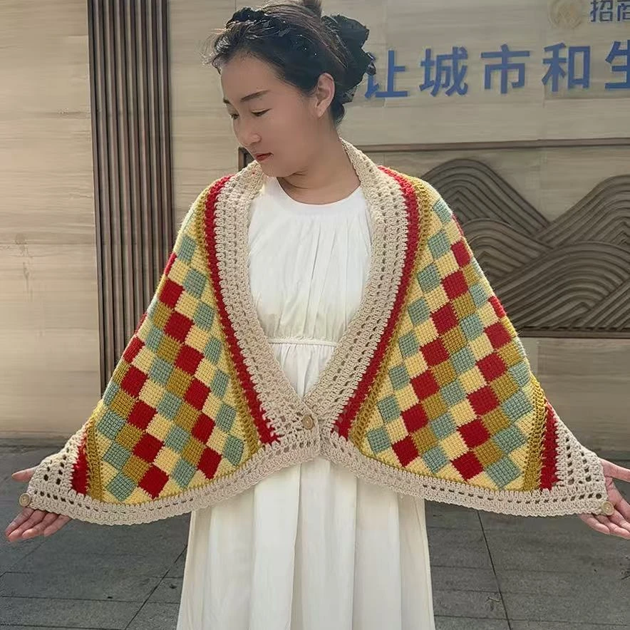 羊毛披肩针织防风网红毛针织衫复古民族风开衫条纹拼色提花毛线团