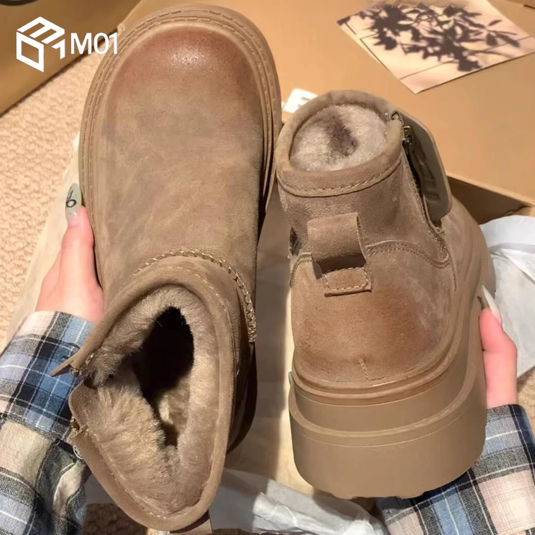 M01复古厚底雪地靴女秋冬季加绒保暖马丁靴新款短靴防滑棉鞋