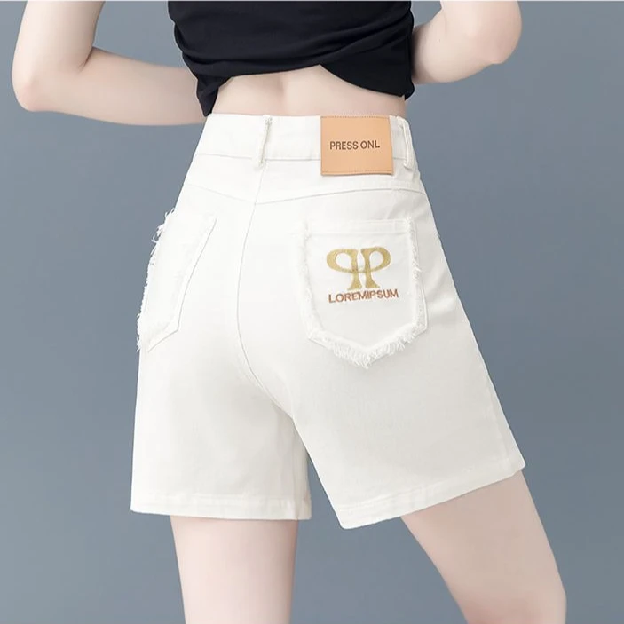 白色刺绣牛仔短裤女2025夏季薄款新款高腰宽松显瘦休闲薄款热裤潮