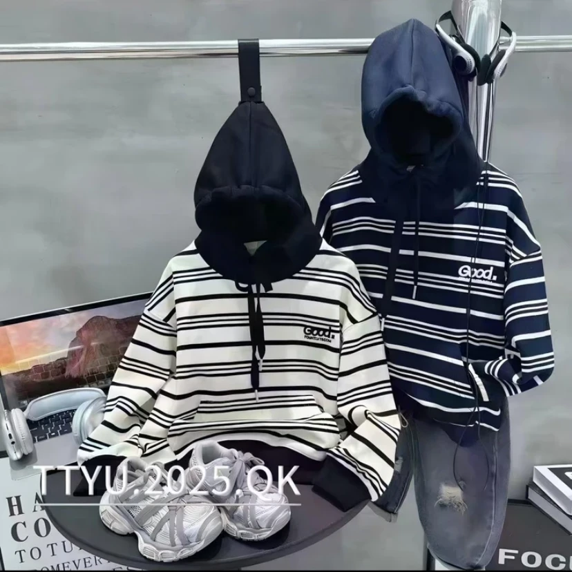 早秋上新~男童秋季新款潮流条纹卫衣韩版中大童百搭连帽上衣10156