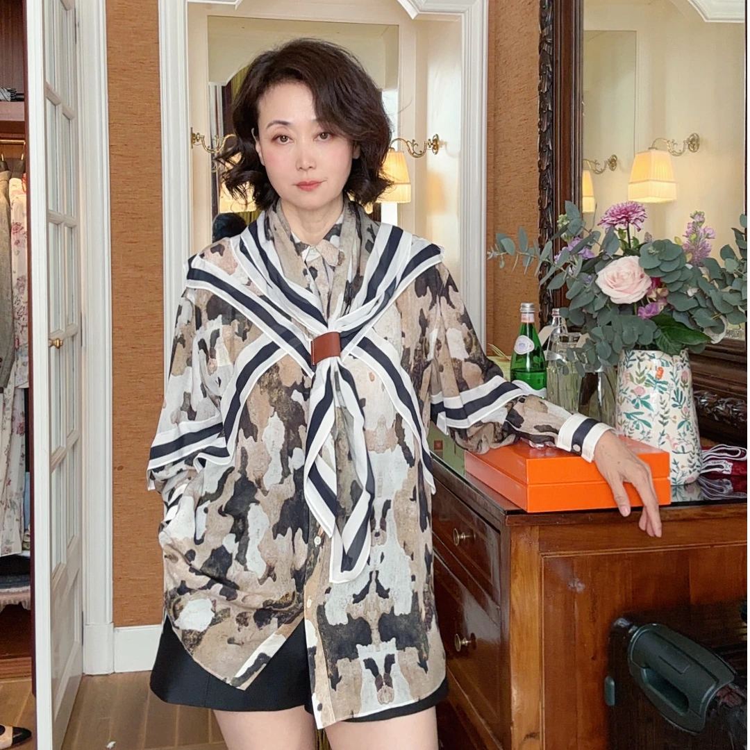 【维姐精选】RL 100%桑蚕丝时尚印花气质衬衫