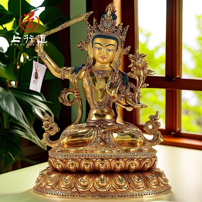 上行道铜像摆件文殊普贤造像尼泊尔手工鎏金佛像藏传密宗居家佛具