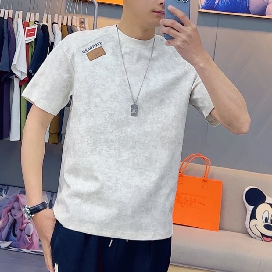 2025夏季宽松扎染皮标基础大众短袖圆领T恤百搭休闲男士上衣