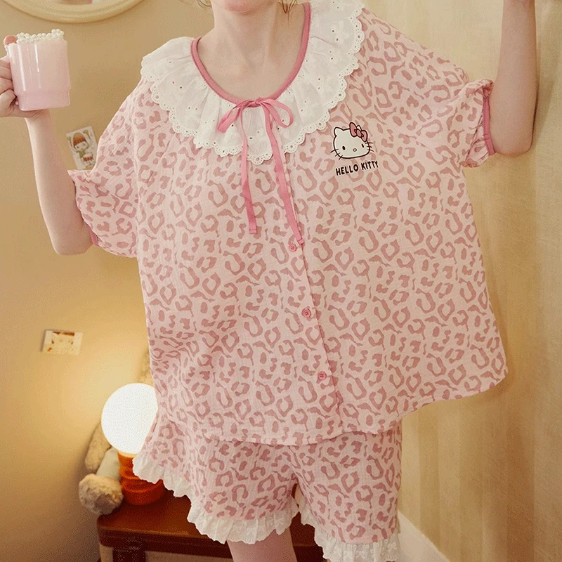 【粉豹kitty】夏季新款睡衣开衫短袖短裤蕾丝边家居服可外穿少女