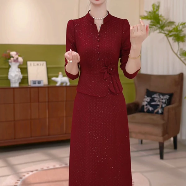 2025秋季新款喜婆婆婚宴妈妈红色连衣裙女假两件旗袍裙中长款裙子