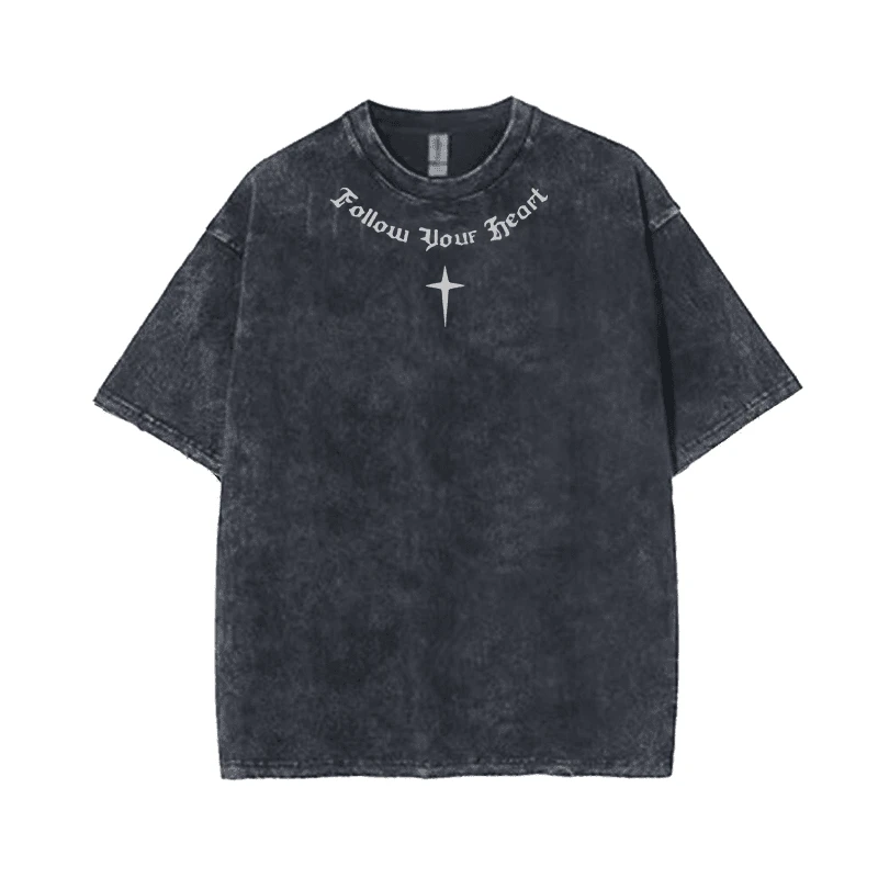 【短袖-领口印花】oversize洗水做旧宽松纯棉打底男女潮牌短袖T恤