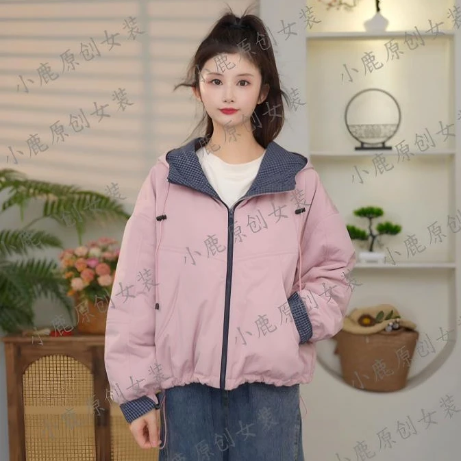 连帽格子拼接棉服外套冬季新款休闲百搭时尚棉衣外套