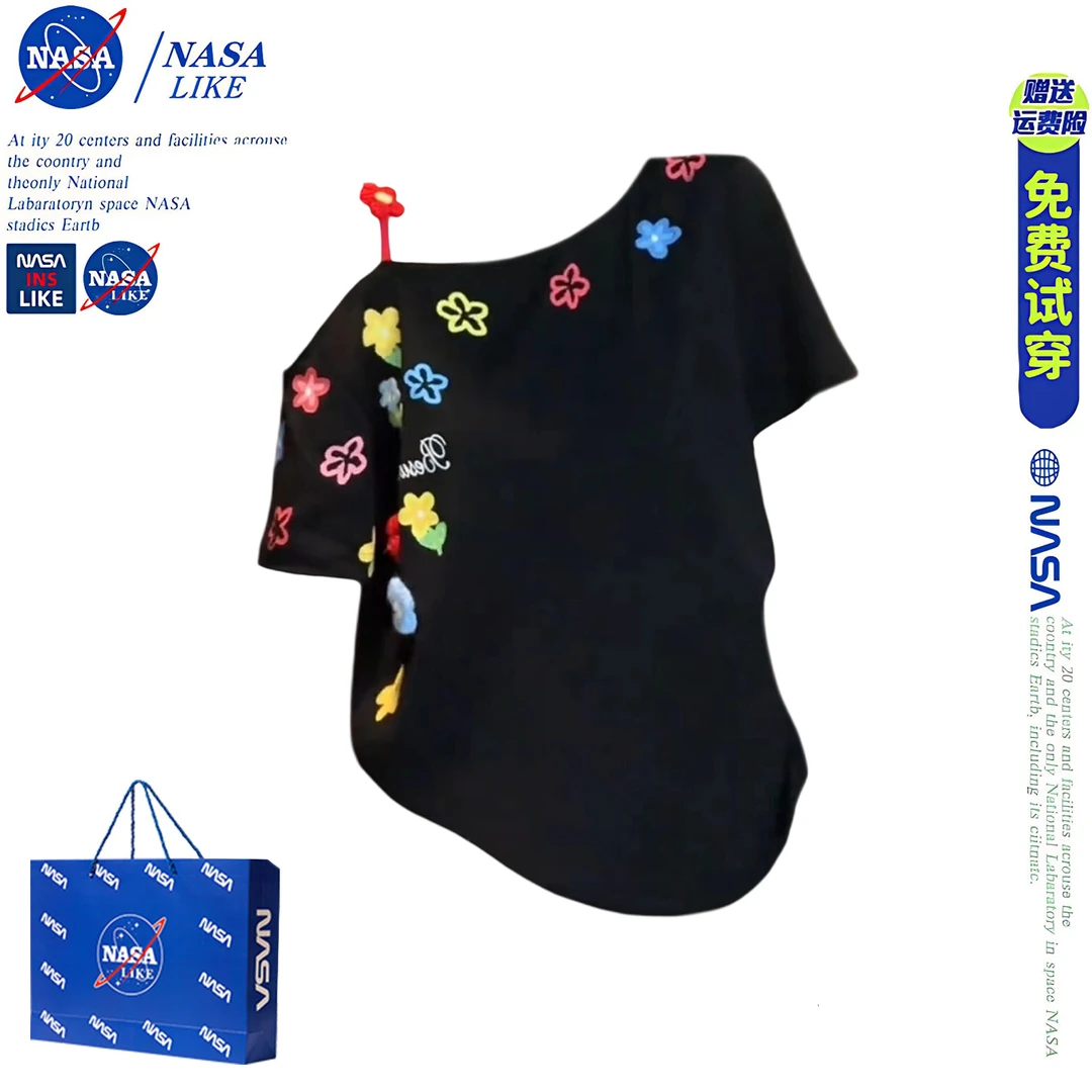 NASA美式辣妹花朵涂鸦刺绣斜肩短袖t恤女夏季设计感露肩吊带上衣