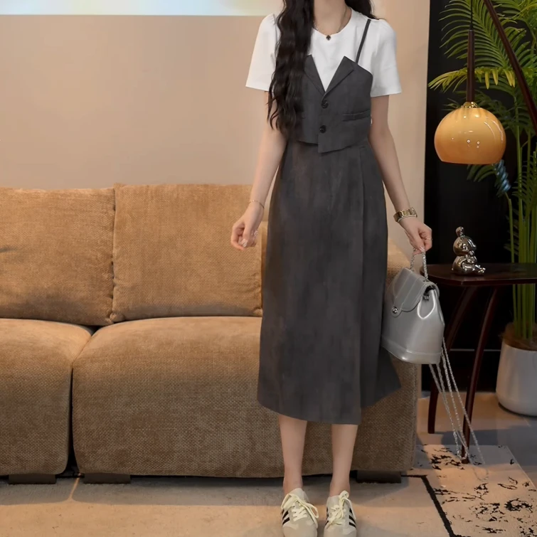 【温柔海风】新款假两件拼接短袖+A字裙裤两件套LK2503255