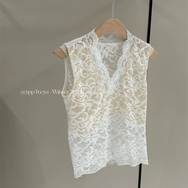 YPP!【纯欲蕾丝内搭】小众设计感蕾丝纯欲风镂空V领背心上衣