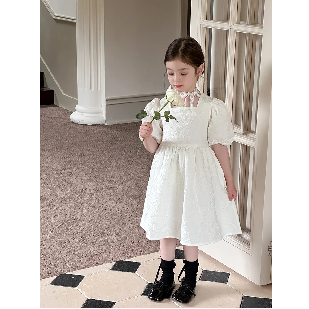 清货【纯棉】儿童宫廷风泡泡袖裙子女童小方领压皱公主连衣裙25B046